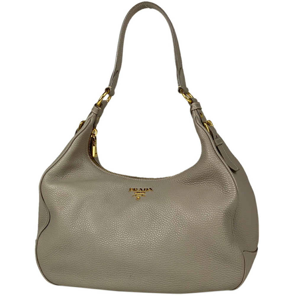 Prada Logo Shoulder Bag Hobo Vitello Daino Leather Pumice Gray